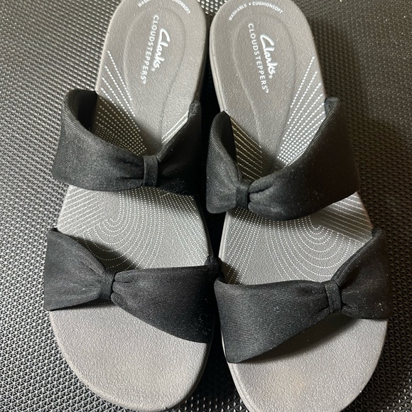 Clarks Shoes - Clarks Black Slide Sandals with Bow